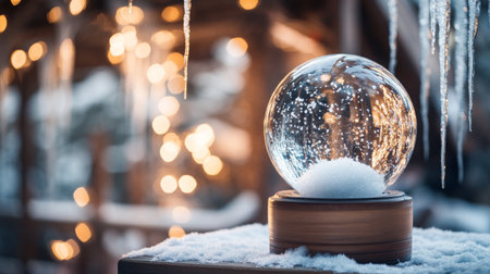 Winter wonderland themed snow globe adorned with sparkling snowflakes and festive lightsの素材