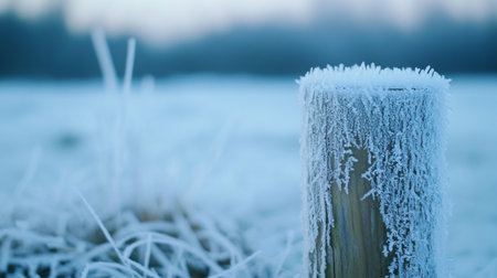 Frost-covered wooden post standing in a serene winter landscape during early morning lightの素材