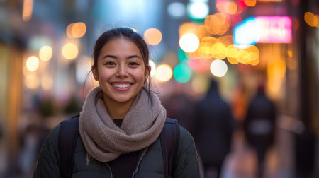 Young woman smiling warmly in bustling city street illuminated by vibrant lights at nightの素材