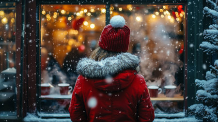 A cozy winter evening with snowfall viewed from warm cafe window during the holiday seasonの素材