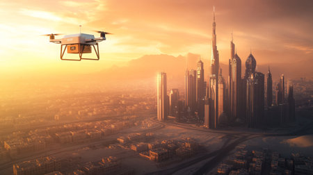 Drone delivering goods over a modern city skyline during sunsetの素材