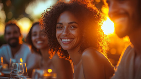 Sunset gathering of friends enjoying a joyful moment at an outdoor dinner party in a tropical setting. Generative AIの素材