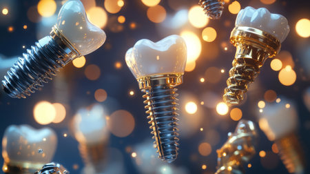 Close-up of dental implants with a sparkling backdrop at a dental showcase eventの素材