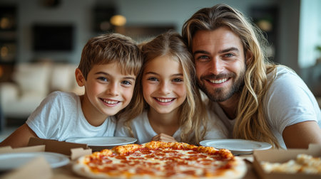 Family enjoys a cheerful pizza dinner together at home during the evening, highlighting smiles and quality time shared. Generative AIの素材