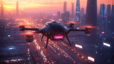 A drone captures an aerial view of a vibrant city at sunset with towering skyscrapersの素材