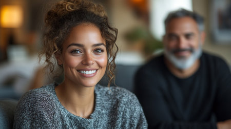 Happy woman smiling at the camera while a man looks on, enjoying a relaxed moment in a cozy cafe setting during the day. Generative AIの素材