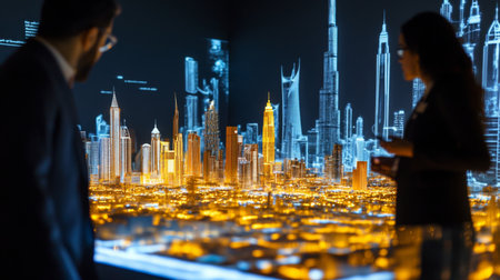 Business professionals observing a digital city model at a technology conference in Dubaiの素材