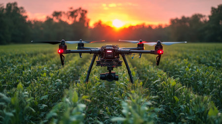 A drone flying over a lush green field at sunset, capturing aerial views of the crops and landscape during golden hour. Generative AIの素材