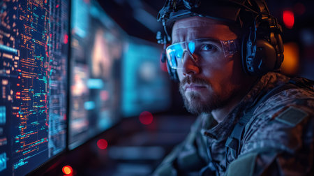 Military personnel analyzes data on high-tech screens during a night operation in a tactical control room. Generative AIの素材
