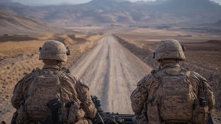 Military personnel observe a remote desert landscape from their vehicle during a morning patrol in Afghanistan. Generative AIの素材