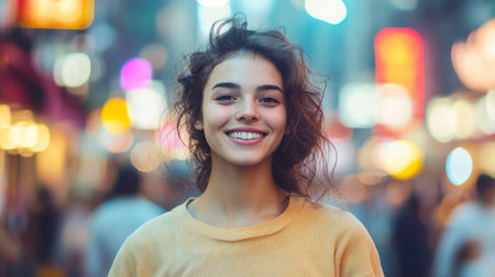 A woman smiles brightly in a city street at nightの素材