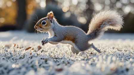 Squirrel running across a snowy landscape in the early morning lightの素材