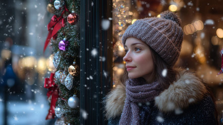 A woman enjoys a snowy winter day while gazing at holiday decorations in a city streetの素材