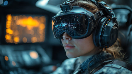 Military personnel operates advanced technology in a high-tech cockpit during a night mission at a secure location. Generative AIの素材