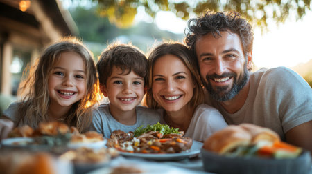 A joyful family enjoying a cheerful outdoor meal with delicious food on a sunny day in a beautiful garden. Generative AIの素材
