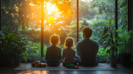 A quiet evening with two children and their parent watching the sunset through a large window in a plant-filled room. Generative AIの素材