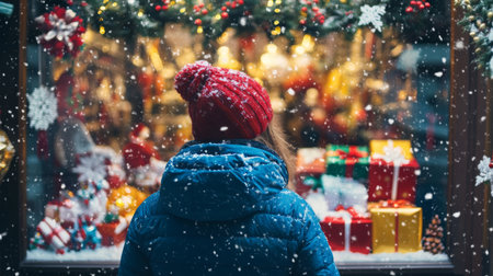 A child admires a festive window display filled with holiday decorations and wrapped giftsの素材