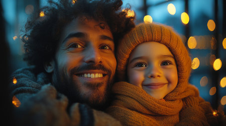 Father and child enjoying a cozy winter evening with twinkling lights while smiling warmly at each other. Generative AIの素材