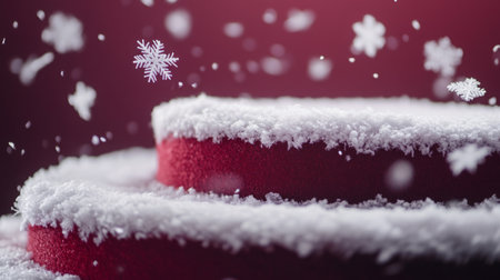 Snowflakes gently falling on a festive red cake decorated for the holiday seasonの素材