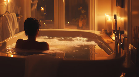 Relaxing in a candle-lit bathtub during a serene evening at homeの素材