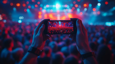 Capturing the energy of a vibrant concert crowd with colorful lights during an electrifying live performance. Generative AIの素材