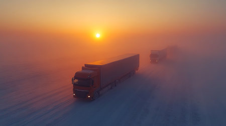 Trucks driving through a snowy landscape at sunset in a foggy environment during winter conditions. Generative AIの素材