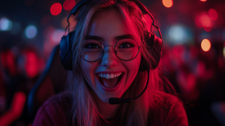 Young woman smiles brightly while gaming at a colorful esports event in a lively arena filled with cheering fans. Generative AIの素材