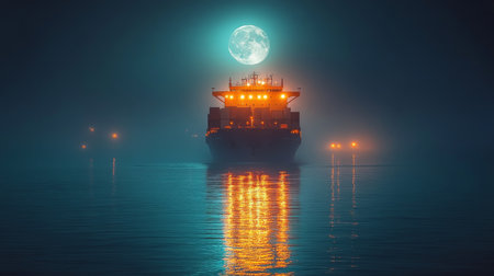 A cargo ship navigating through foggy waters under a bright full moon at night. Generative AIの素材