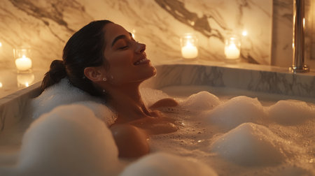 A woman relaxes in a bubble bath with candles lit in the backgroundの素材