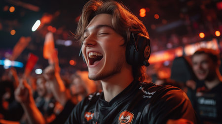 Excited gamer celebrating a victory at an esports tournament amid a cheering crowd in a vibrant arena atmosphere. Generative AIの素材