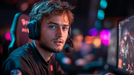 Gamer focused on the screen during an esports tournament, capturing the intensity of competition in a vibrant venue. Generative AIの素材