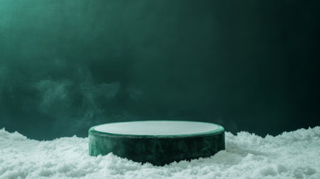 A circular platform surrounded by soft snow in a tranquil winter landscape at duskの素材