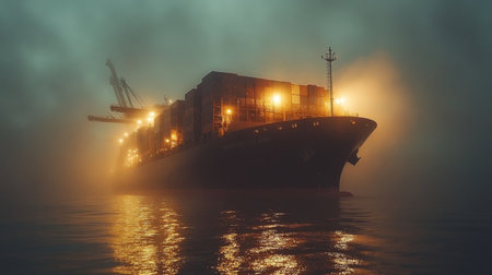 Large cargo ship illuminated by lights in foggy harbor during early morning hours, showcasing maritime industry activity. Generative AIの素材