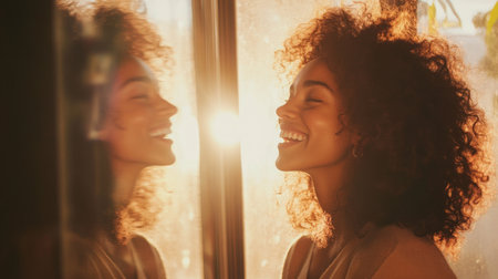 A woman smiles as she looks at her reflection in a windowの素材