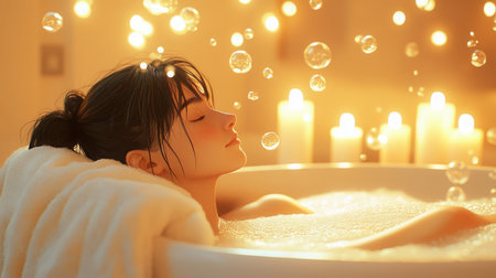 A relaxing evening bath surrounded by candles and bubbles for ultimate tranquilityの素材