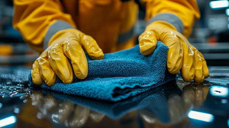 Worker in yellow gloves cleans a glossy surface with a blue cloth in a well-lit industrial setting during daytime hours. Generative AIの素材