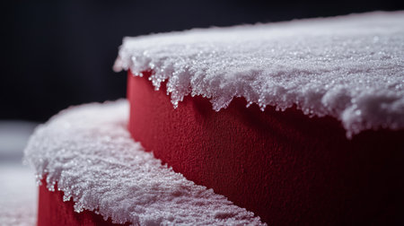 Snow-covered red steps illuminated by soft light during winter evening in quiet locationの素材