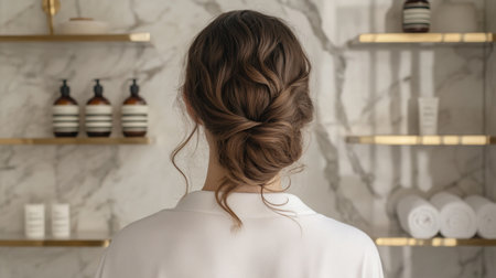 A woman enjoys a relaxing moment in a spa setting with elegant decor and soothing productsの素材