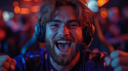 Enthusiastic gamer celebrating victory at a crowded esports event in an upbeat atmosphere with vibrant lighting. Generative AIの素材