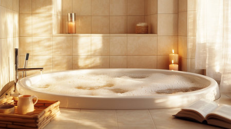 Relaxing atmosphere in spacious bathroom with bubble-filled soaking tub and soft lightingの素材