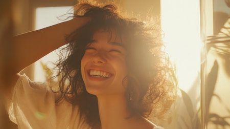 A woman with curly hair laughs while standing in the sunlightの素材