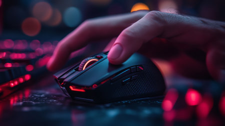 A gamer using a high-performance mouse while engaged in an intense gaming session in a dimly lit room with colorful lights. Generative AIの素材