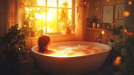 A woman relaxes in a warm bath, surrounded by the glow of the setting sunの素材