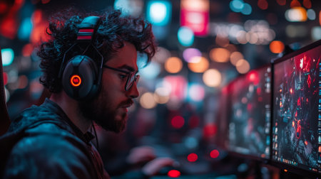 Focused gamer immersed in an exciting gaming session surrounded by colorful lights in a busy gaming environment at night. Generative AIの素材