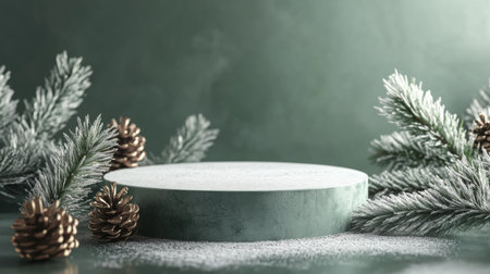 Winter still life with a circular stand, pinecones, and evergreen branchesの素材