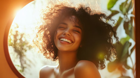 A woman with curly hair smiles brightly in the sunlightの素材