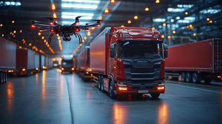 A red delivery truck and drone operate in a busy warehouse, showcasing modern logistics at twilight. Generative AIの素材