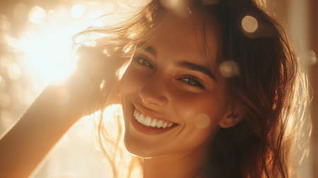 A woman smiles brightly in the golden sunlightの素材