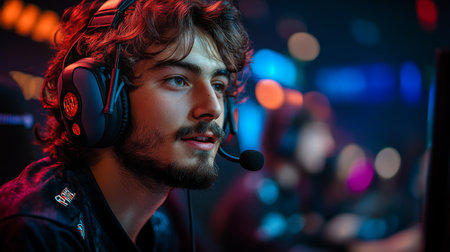Focused gamer participating in an esports tournament, showcasing concentration and skill during an intense live match. Generative AIの素材