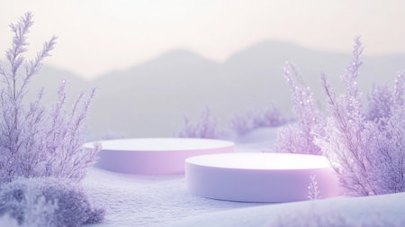Ethereal winter landscape with glowing platforms in a serene lavender-hued environmentの素材